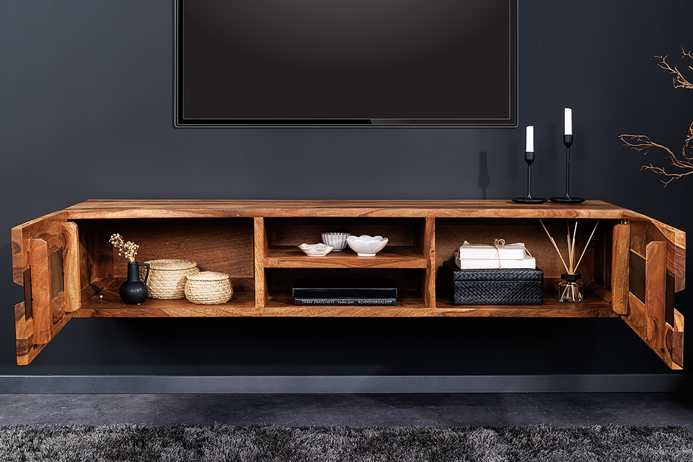 Hängendes TV-Lowboard AMAZONAS 160cm braun Sheesham Massivholz Baumkante Metall schwarz