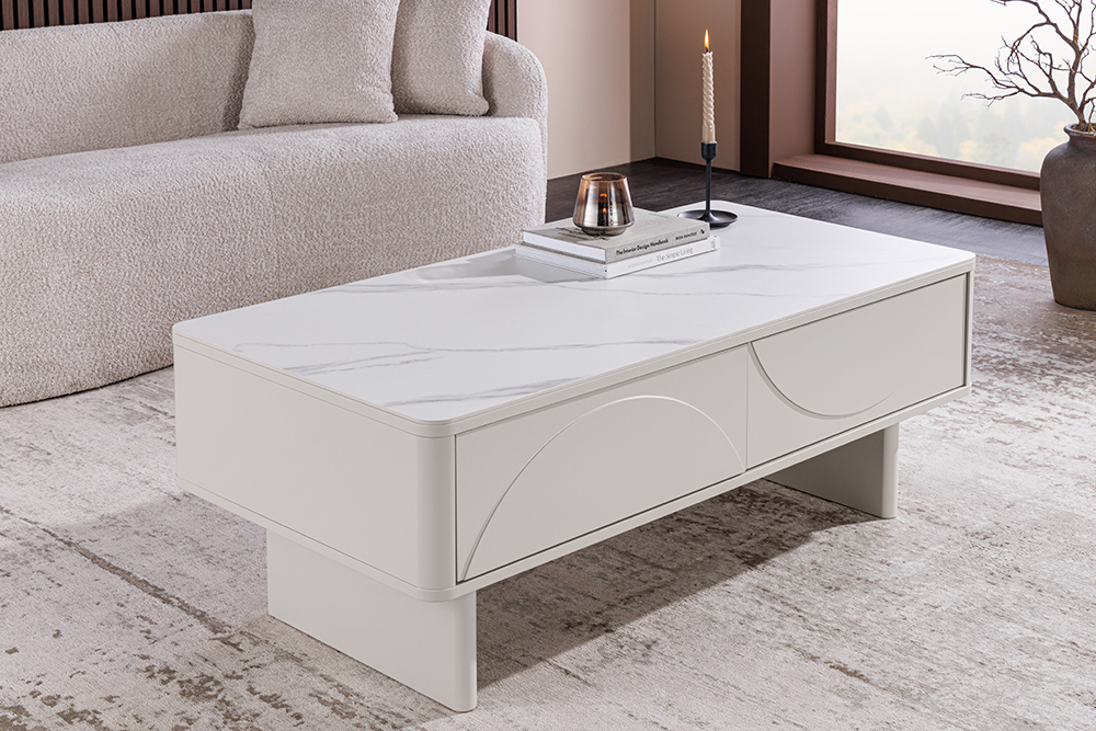Design Couchtisch SAVOY 120cm kaschmir weiß Keramik Marmor mit Schubladen