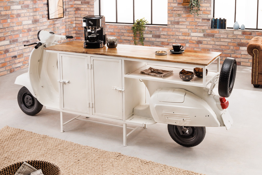 Extravaganter Barschrank SCOOTER 250cm weiß Retro-Konsole Motorroller mit Mangoholz Upcycling Extravaganter Barschrank SCOOTER 250cm weiß Retro-Konsole Motorroller mit Mangoholz Upcycling