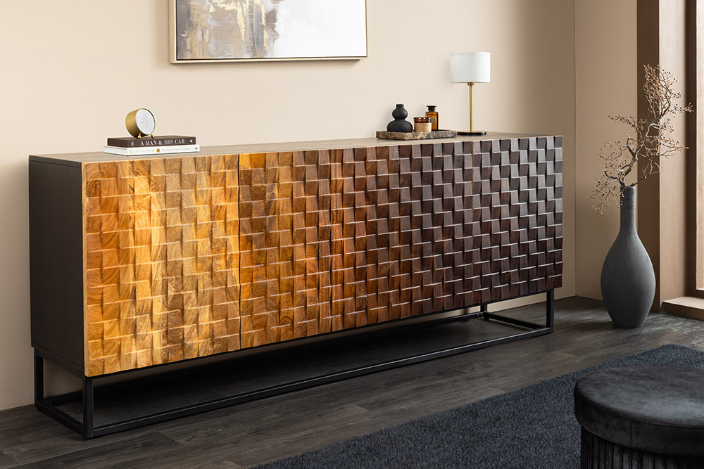 Massives Sideboard SHADES 180cm braun Mangoholz mehrfarbig 3D-Front Metallgestell