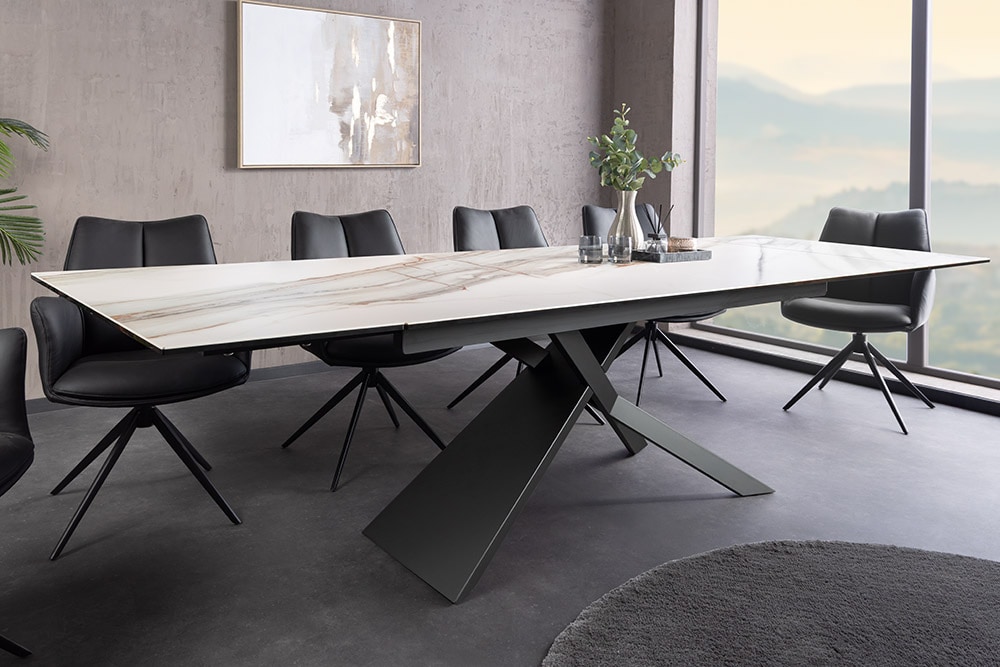 Ausziehbarer Esstisch EUPHORIA 180-220-260cm weiß Carrara Oro Keramik schwarz Metall