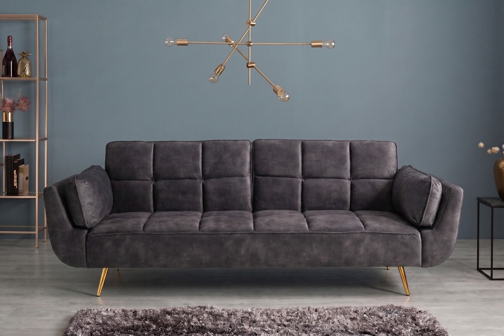 Retro Schlafsofa BOUTIQUE 215cm dunkelgrau Samt 3-Sitzer mit goldenen Füßen