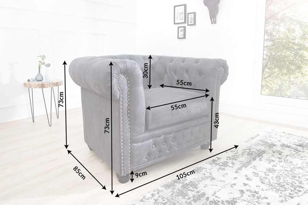 Chesterfield Sessel 105cm antik grau mit Knopfheftung und Federkern