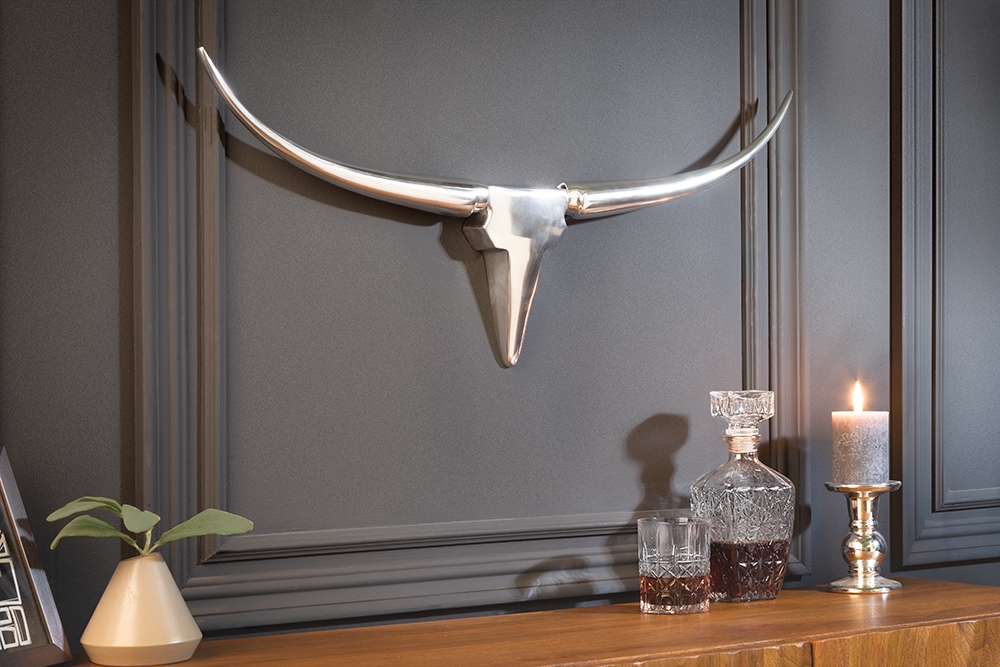 Moderne Design Wanddekoration BULL 75cm silber Aluminium Stierkopf