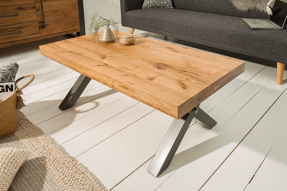 Massivholz Couchtisch THOR 110cm Wildeiche geölt X-Gestell Metall anthrazit Industrial Design