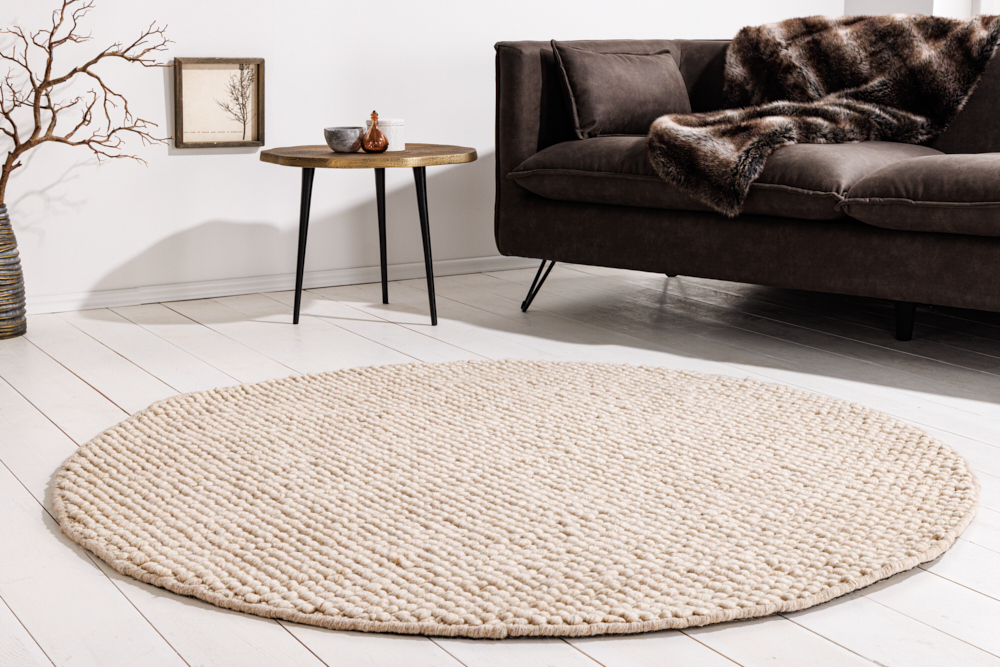 Design Teppich WOOL 150cm beige rund Wolle Handarbeit