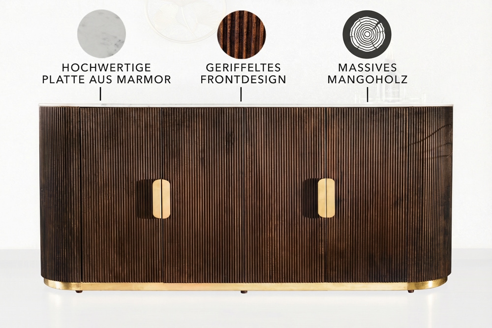 Massives Sideboard GATSBY 140cm braun Mangoholz gold Metall weiße Marmorplatte