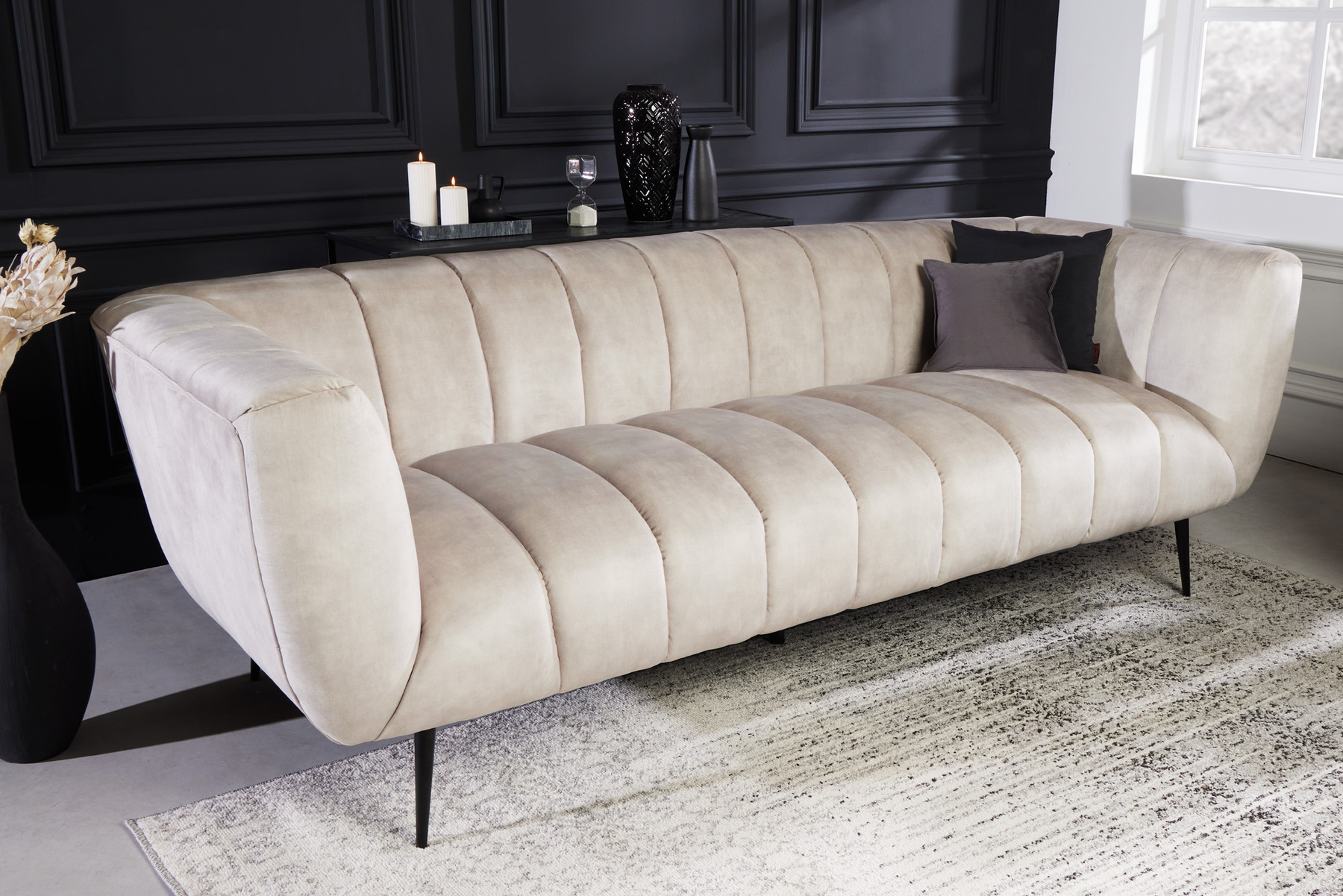 Design 3-Sitzer Sofa NOBLESSE 225cm champagner beige Samt 3-Sitzer Federkern schwarze Metallfüße