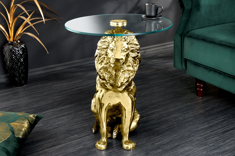 Runder Beistelltisch WILDLIFE LION 60cm gold antik Metall Glas Löwen Skulptur