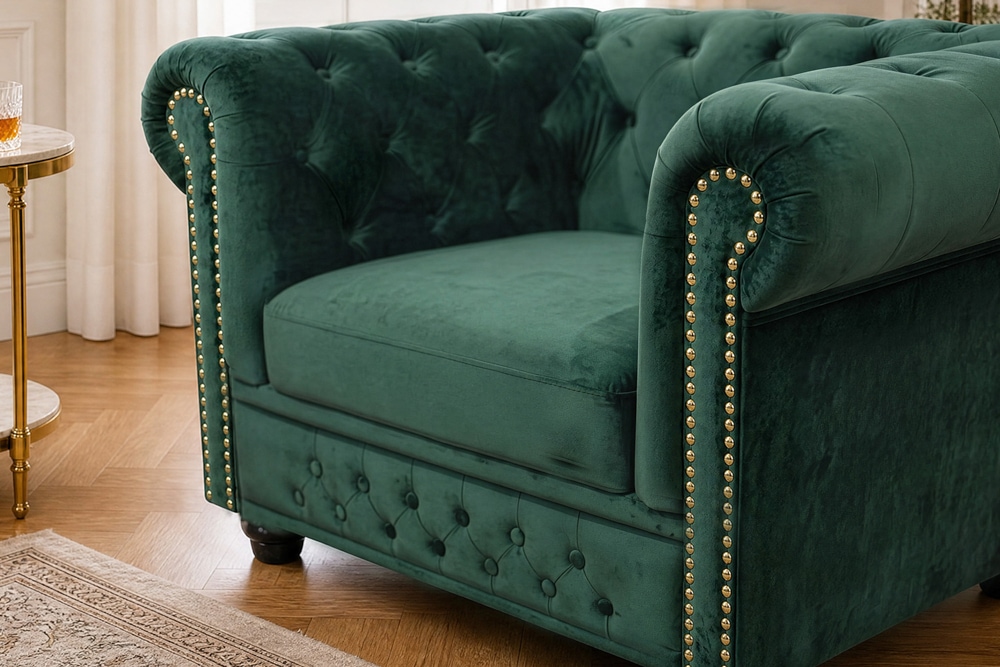 Barocker Sessel CHESTERFIELD flaschengrün Samt Federkern mit Knopfheftung