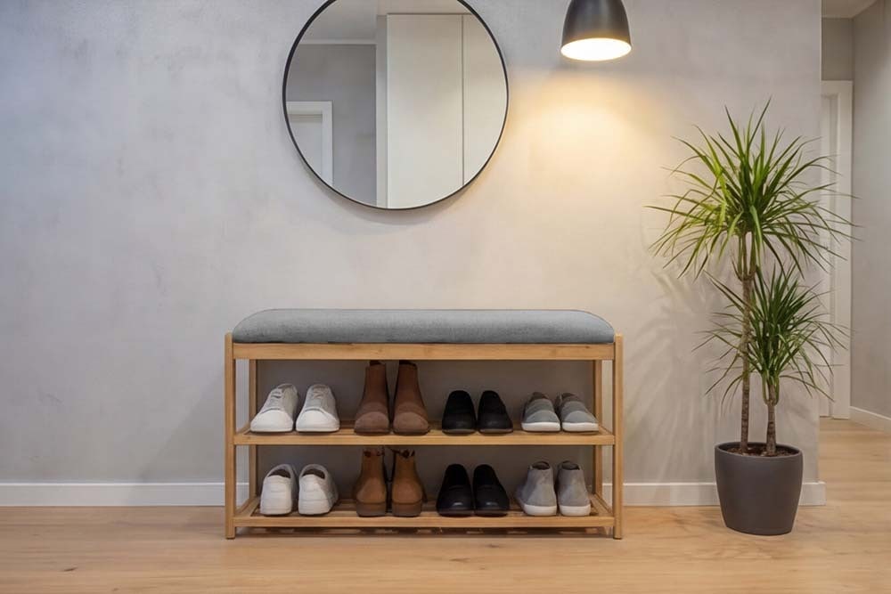 Stilvolle Schuhbank ZEN-BO 80cm natur grau Bambus Regal Sitzbank mit Stauraum