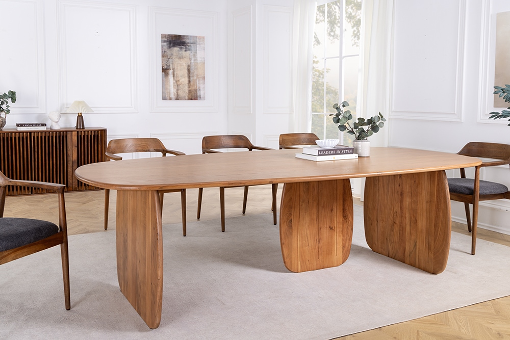 Design Esstisch SCULPTURA 240cm braun Akazie Massivholz mit skulpturalem Wangenfuß