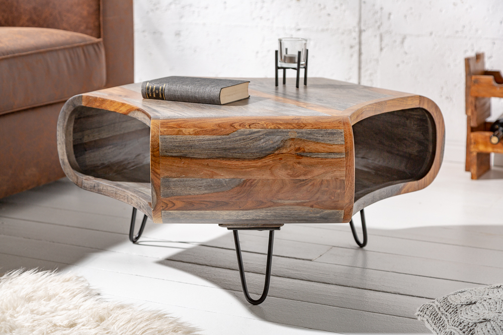 Retro Couchtisch ORGANIC LIVING 80cm grau smoke finish Sheesham Palisander Massivholz Hairpin Legs