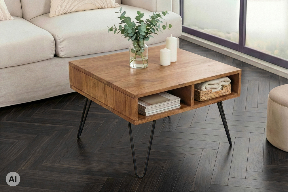 Massiver Couchtisch SCORPION 60cm braun honey finish Mangoholz mit Hairpin Legs