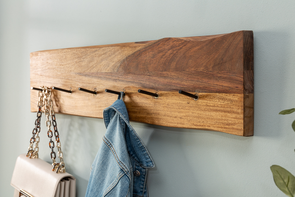 Massivholz Wandgarderobe MAMMUT 80cm braun Sheesham stone finish 6 Kleiderhaken