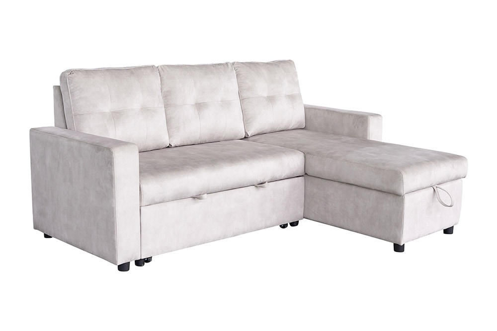 Ecksofa mit Schlaffunktion APARTMENT beidseitig aufbaubar champagner beige Samt inkl. Stauraum