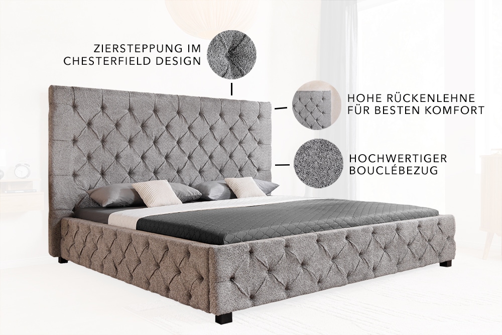 Design Boxbett PARIS 180x200 cm grau Bouclé Chesterfield