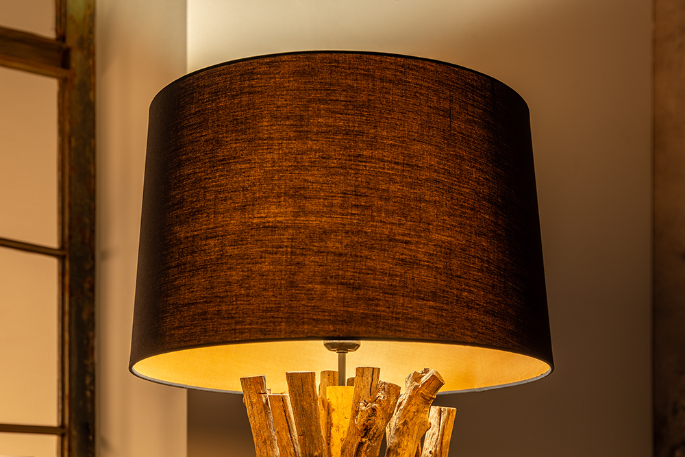 Massivholz Stehlampe HARMONY NATURE 151cm schwarz Teak mit Baumwollschirm