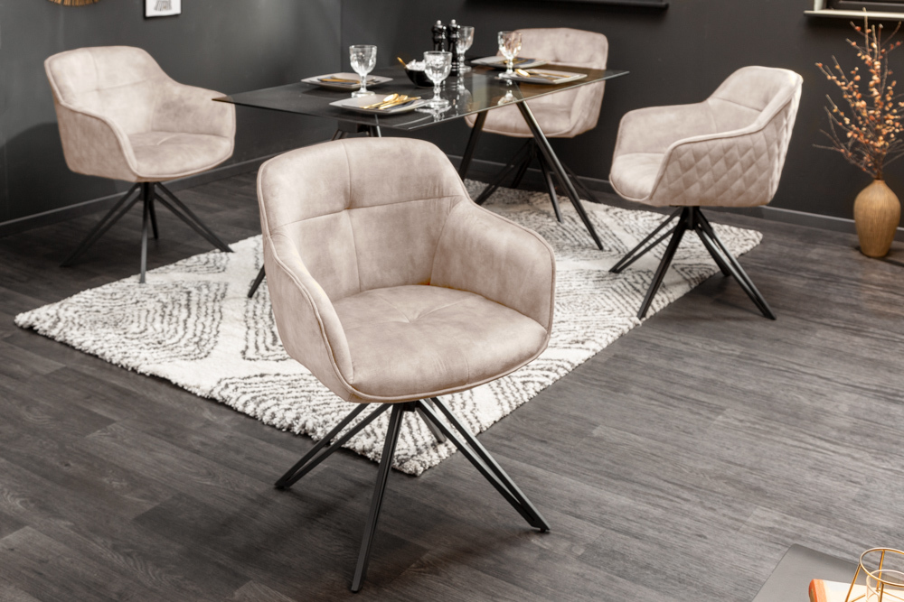 Drehbarer Design Stuhl EUPHORIA champagner greige Samt mit Armlehne Metallgestell schwarz