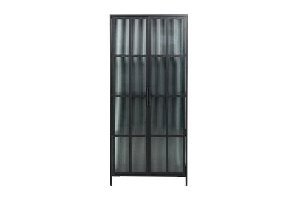 Industrial Vitrine DURA STEEL 180cm schwarz Metall Riffelglas Highboard