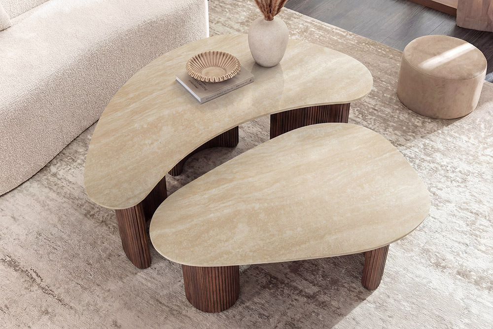 2er Set Couchtische OSAKA 120cm champagner greige Travertin Keramik Walnuss