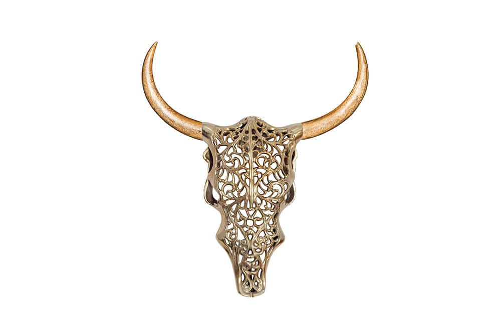 Extravagante Wanddekoration EXOTIC BULL 60cm gold Mangoholz Stierkopf