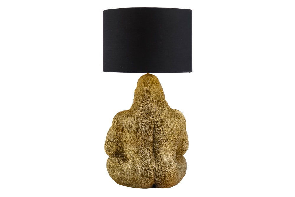 Handgefertigte Tischlampe KING APE 55cm gold schwarzer Stoffschirm Gorilla-Skulptur