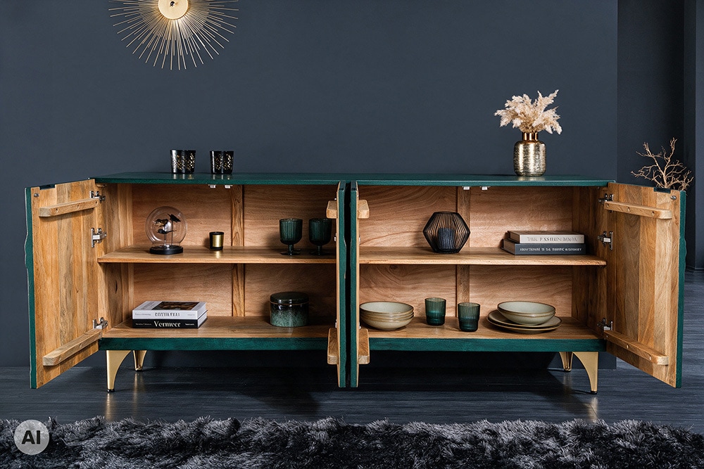 Massives Sideboard DRAGON 180cm türkis gold Mangoholz Metall 3D-Front handmade