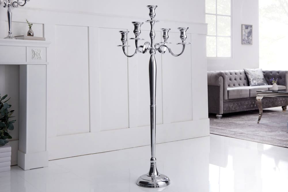 Kerzenständer MODERN BAROCK 120cm silber 5-armig Lüster Aluminium poliert Kerzenhalter