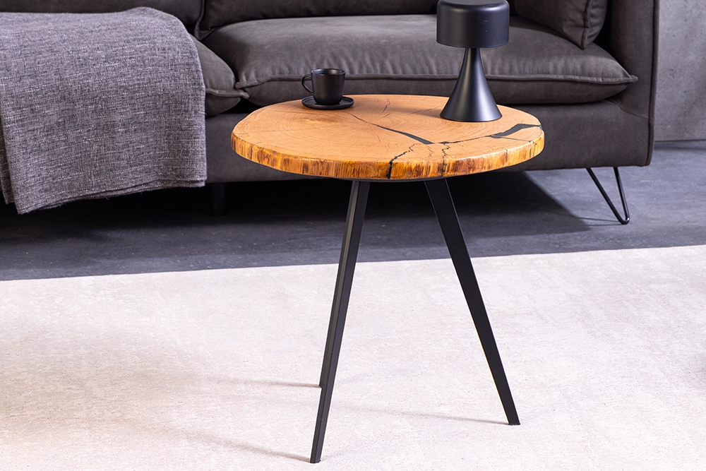 Runder Couchtisch ARBOR 55cm natur Eiche Massivholz schwarz Metall Beistelltisch