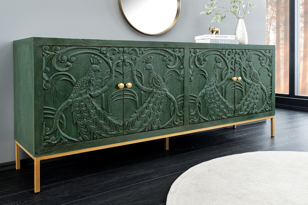 Massives Sideboard PEACOCK 175cm grün Mangoholz antik 3D Schnitzerei Pfau-Design