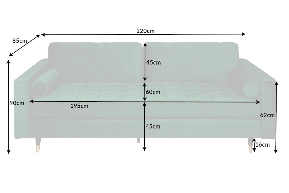 Design 3-Sitzer Sofa COZY VELVET 220cm smaragdgrün Samt Federkern Lounge
