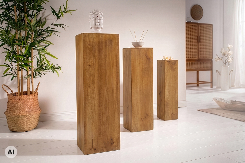 Design Deko Säule 3er Set MAKASSAR 80cm braun honey finish Mangoholz Handarbeit