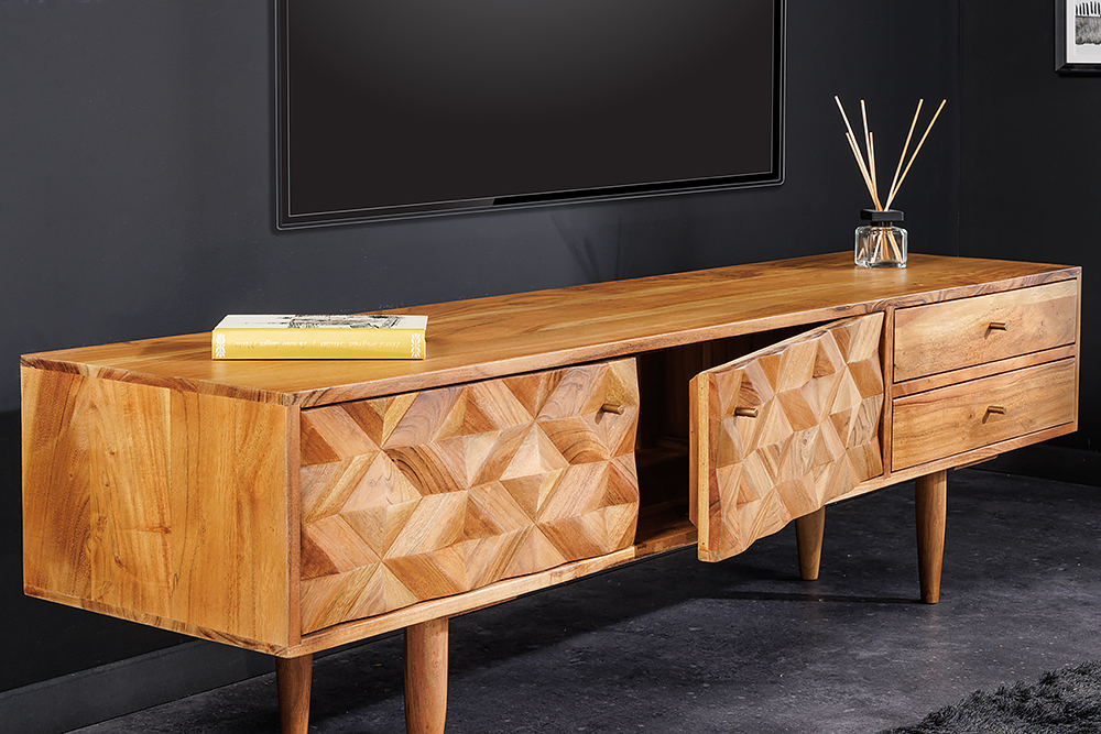Massivholz TV-Lowboard ALPINE 145cm natur Akazie Retro Design honey finish Massivholz TV-Lowboard ALPINE 145cm natur Akazie Retro Design honey finish