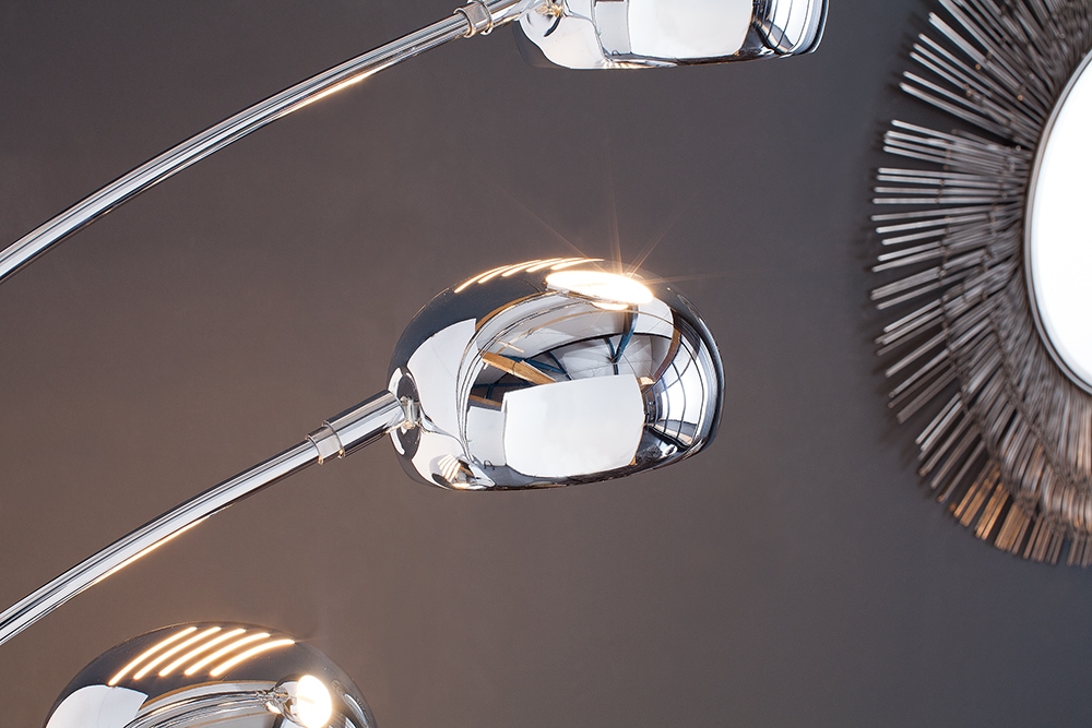 Design Bogenlampe FIVE LIGHTS 205cm chrom Stehlampe mit schwarzem Marmorfuß