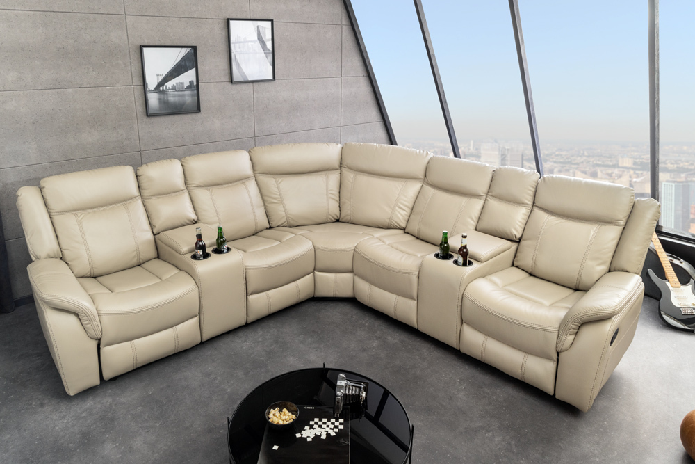 Exklusiver 5er Kinosessel HOLLYWOOD beige Ecksofa Getränkehalter Stauraum