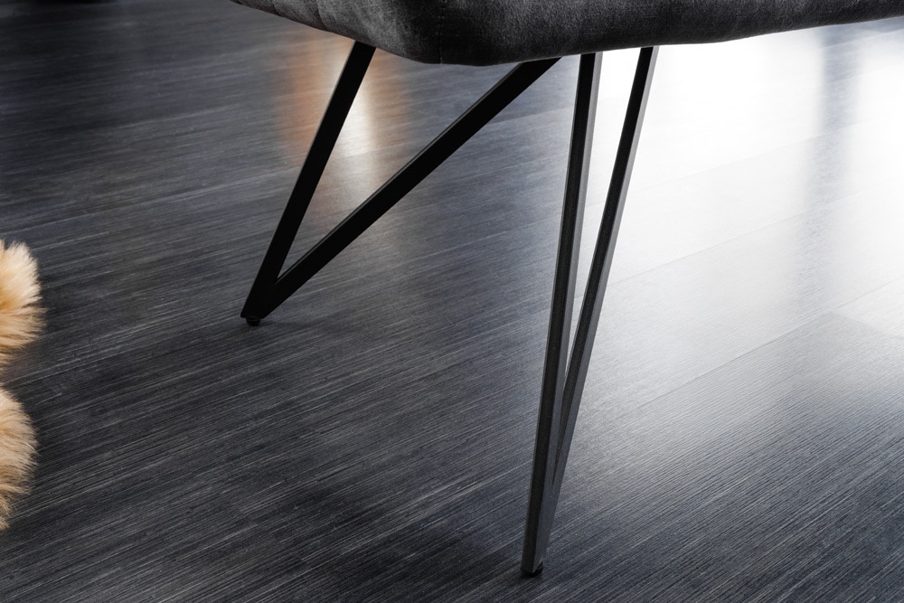 Design Sitzbank EUPHORIA 160cm dunkelgrau Samt Retrostil Ziersteppung Hairpin Legs Metallbeine Armlehnen