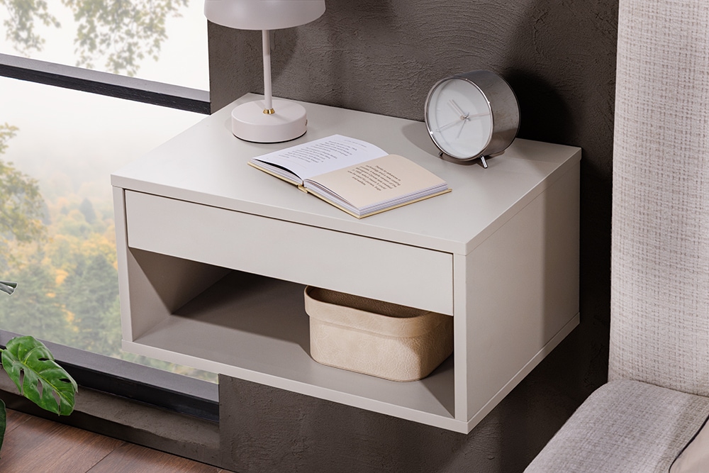 Design Nachttisch COMFORT 50cm weiß hängend mit Schublade und offenem Fach Design Nachttisch COMFORT 50cm weiß hängend mit Schublade und offenem Fach