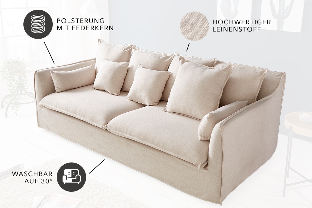 Großes 3-Sitzer Sofa HEAVEN 200cm natur beige Leinenstoff Federkern Hussensofa