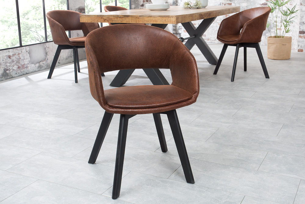 Design Stuhl NORDIC STAR antik braun Microfaser Massivholz schwarz mit Armlehne gepolstert