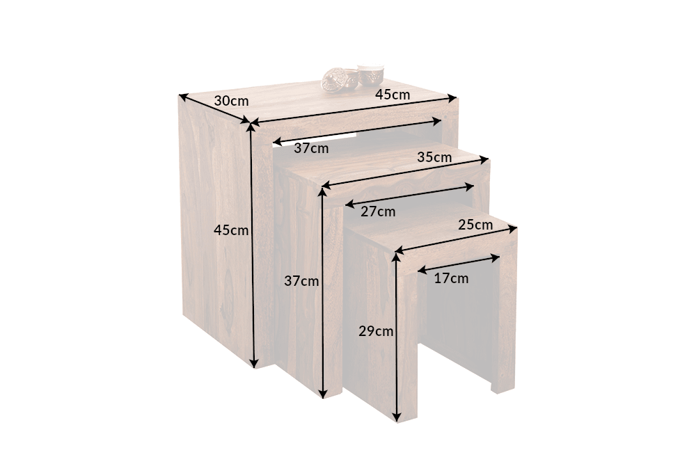 3er Set Massivholz Beistelltische MAKASSAR 45cm braun Sheesham stone finish Maserung
