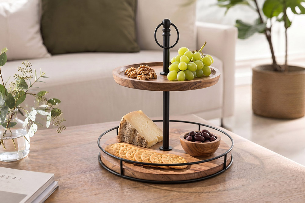 Massivholz Etagere PURE NATURE 40cm Mango rund mit zwei Etagen schwarzes Metall