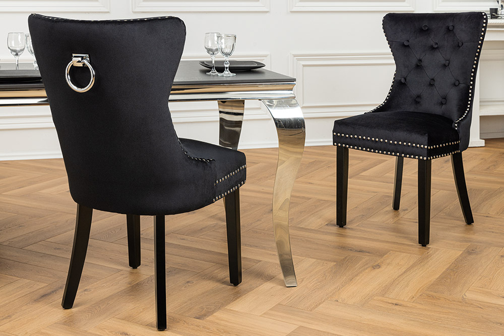Chesterfield Stuhl CASTLE schwarz Samt Massivholz Ziernieten mit Komfortgriff