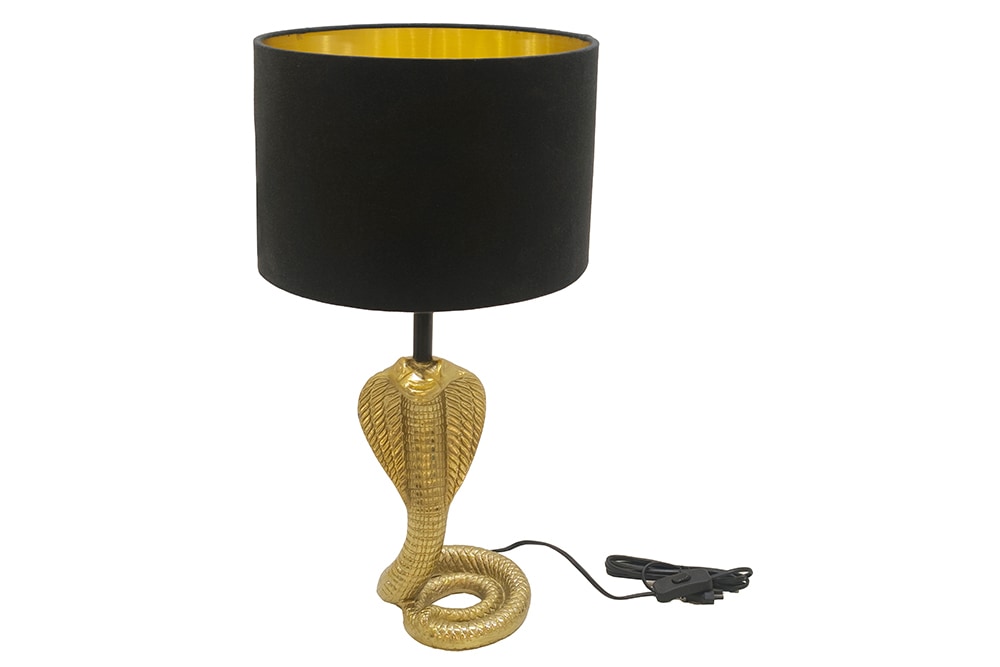 Design Tischlampe COBRA 65cm gold Schlangen Skulptur schwarzer Stoffschirm