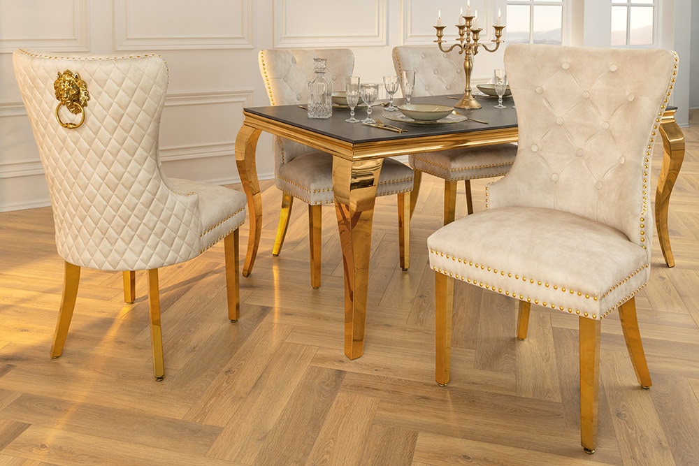 Barock Stuhl CASTLE DELUXE beige Samt gold Edelstahl mit Löwenkopf Ziernieten