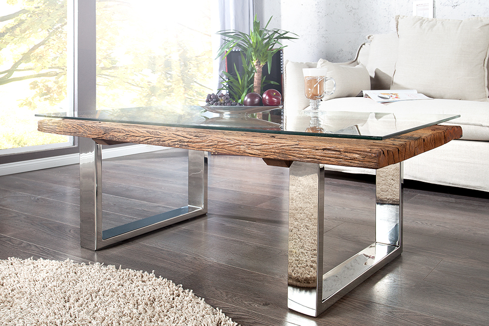 Eindrucksvoller Couchtisch BARRACUDA 110cm antik Teakholz mit Kufengestell und Glas