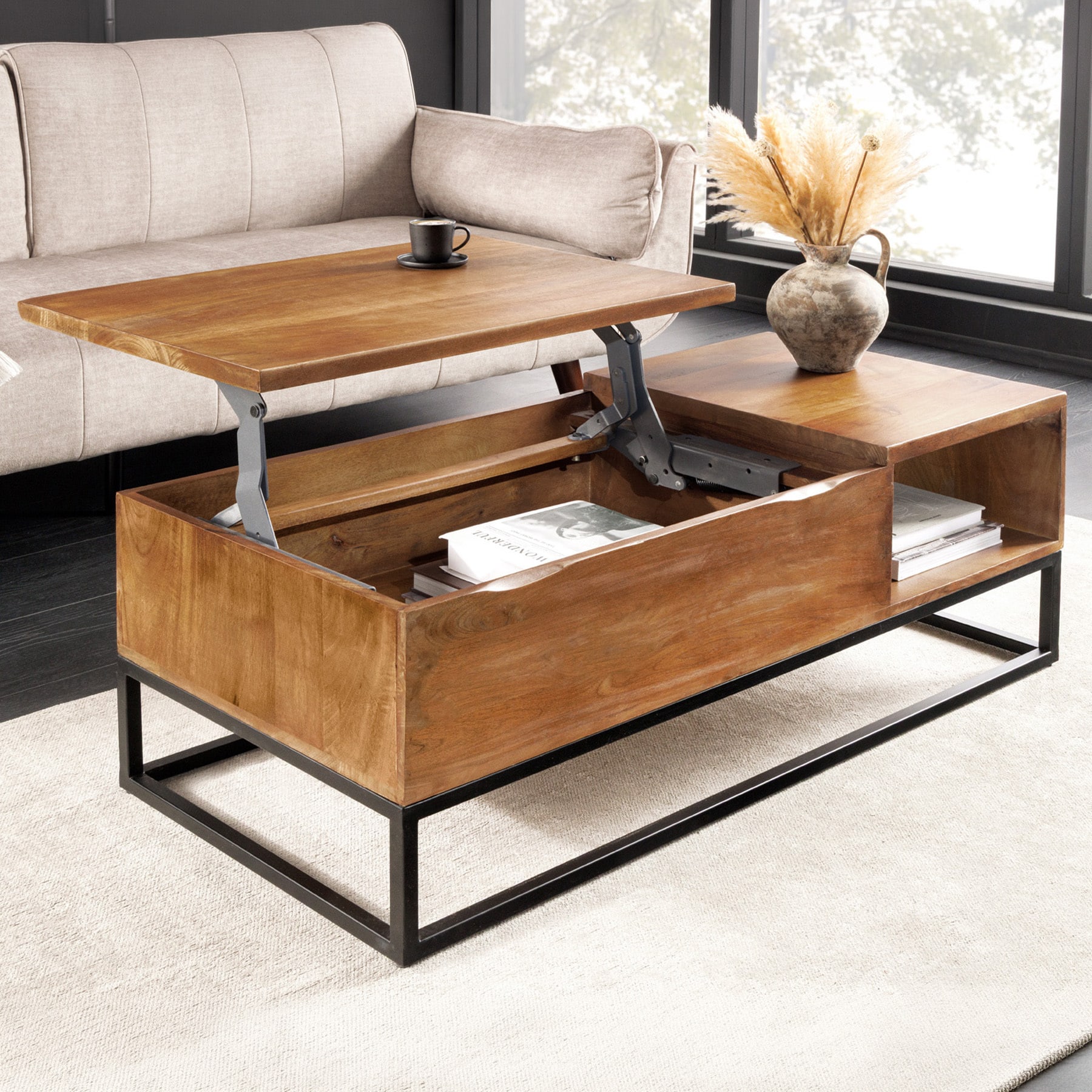 Höhenverstellbarer Couchtisch MAKASSAR FUNCTION 110cm braun Mangoholz honey finish