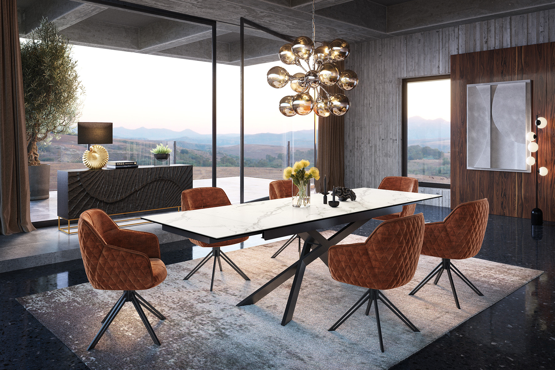 Drehbarer Design Stuhl EUPHORIA rost braun Samt mit Armlehne Metallgestell schwarz