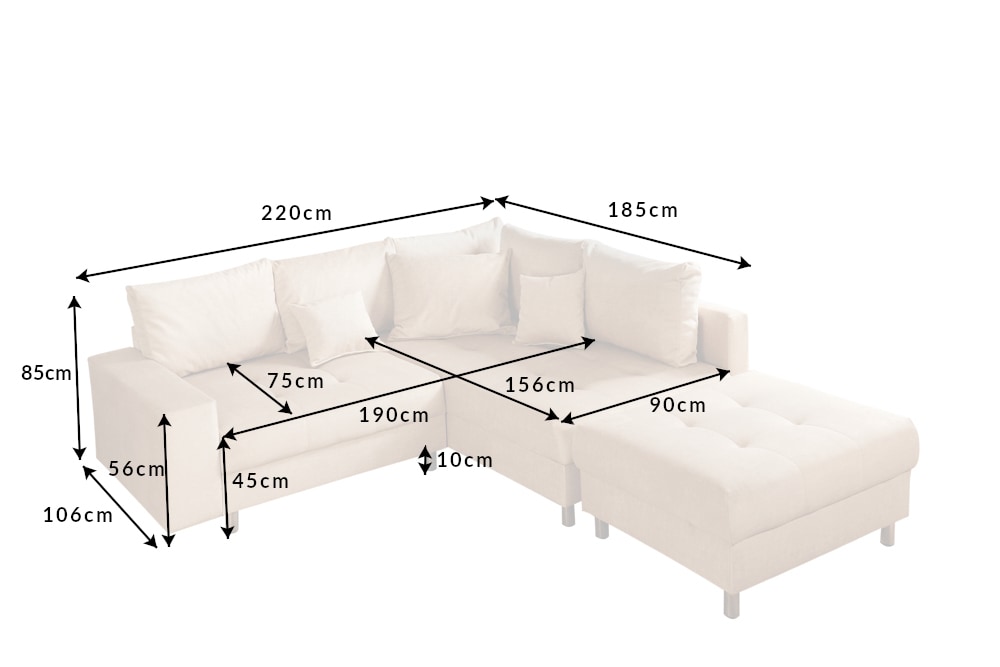 Moderne Wohnlandschaft KENT 220cm champagner beige Vogue Velours Samt Federkern mit Hocker