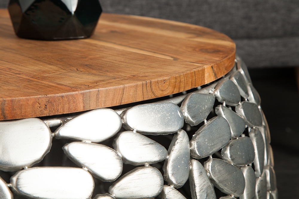 2er Set Runde Couchtische STONE MOSAIC 65cm silber Mangoholz Metall handmade Mosaik Design